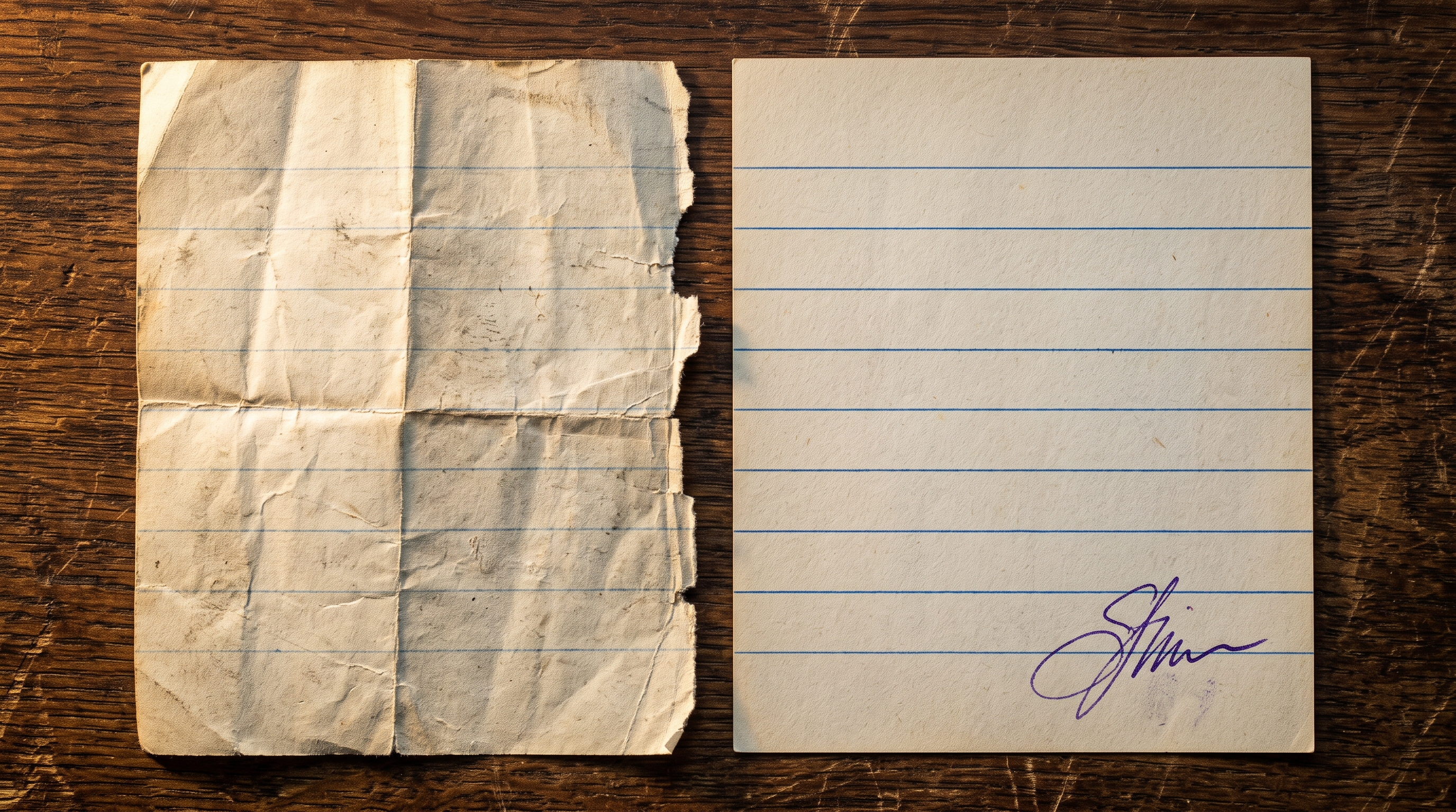 Two slips on the oak table: one crumpled, one prepared and countersigned